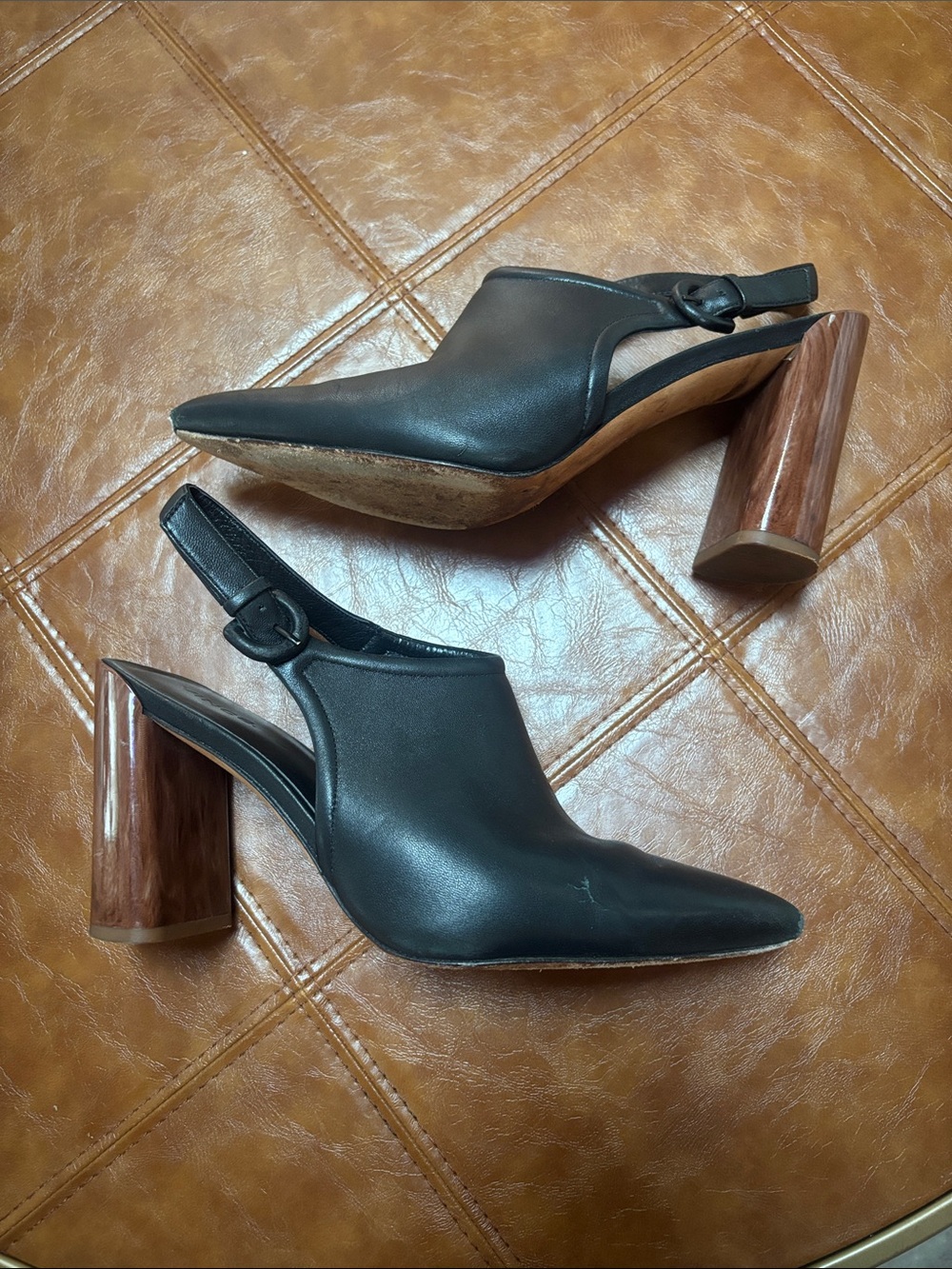 Vince Black Leather Pointed Slingback Heels with Wood-Effect Block Heel